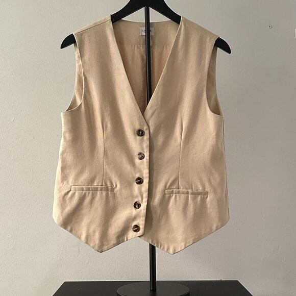 Le Lis Collection Linen Blend Button-Front Vest – Size S (Beige) - Picture 2 of 7